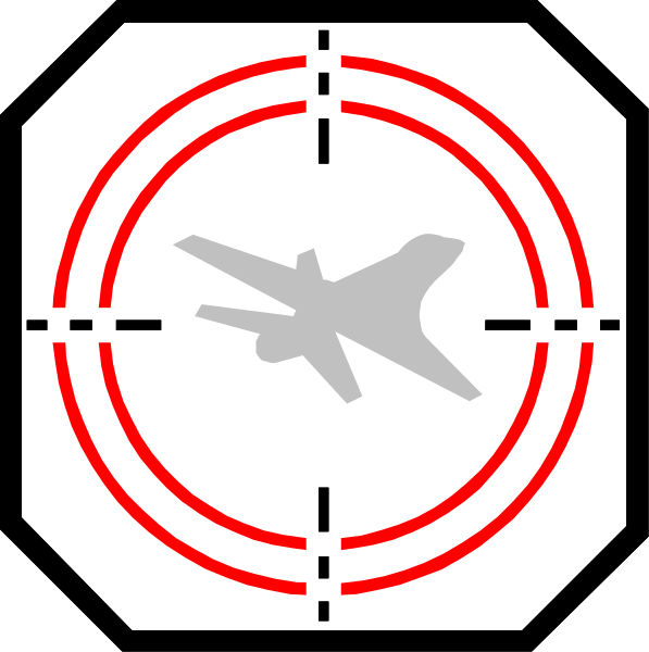 The image shows a stylized icon with an airplane inside it, surrounded by two concentric circles that resemble gun sights; one circle is red while the other has white lines forming cross-hairs within its boundary.