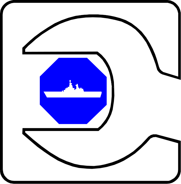The image shows a black and white sign with two different symbols on it: 1) A blue circle containing an illustration of a ship inside; 2) An open wrench symbolizing maintenance or repair work, which is often associated with roadside assistance services in some countries like the United States. There are no texts present within this image to provide additional context about its meaning or location. The style appears simple and iconic, commonly used for signage purposes such as indicating a service area on roadsides.
