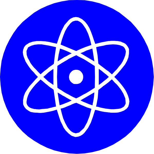The image shows two blue circular badges with a white atomic symbol inside each circle on top of them.