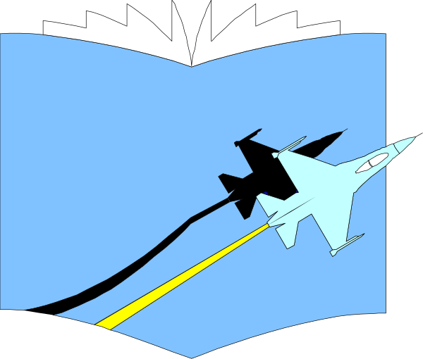 The image shows a cartoon of an airplane flying over a book with its landing gear down as if it's about to land on top of it.