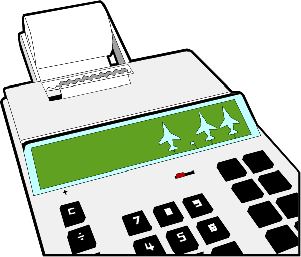 The image shows a calculator with three fighter jets on its display screen placed next to an office printer that has paper in it.