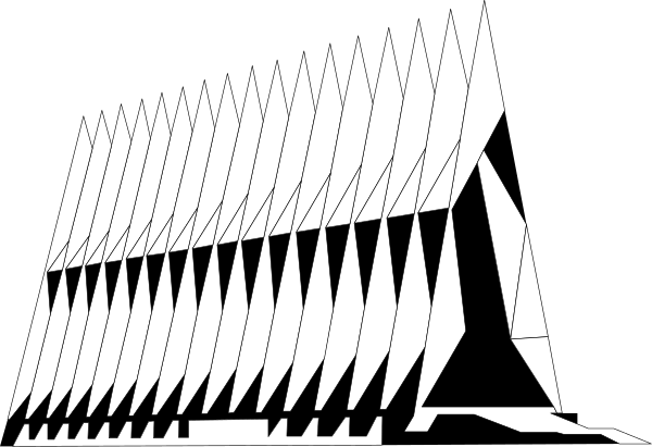The black and white photo shows a series of abstract shapes that resemble stylized buildings with pointed roofs arranged vertically in descending order from left to right against a dark background.