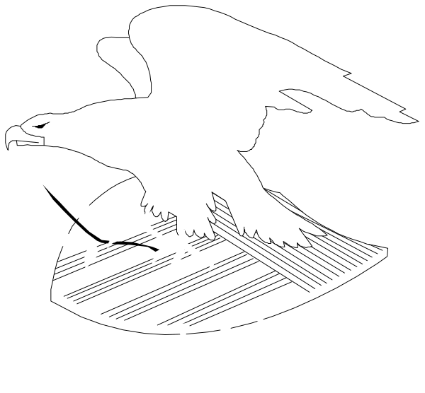 The black and white silhouette of an eagle with its wings spread wide over a branch adorned with leaves on which it is perched.