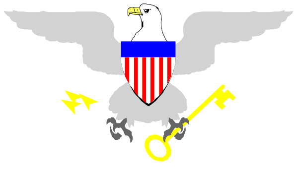 The image shows a black and white logo with an eagle's head on top of what appears to be a shield-like design featuring stars around it; below this is another emblem that includes two crossed swords, wings spread outward from either side, and three arrows pointing upwards.