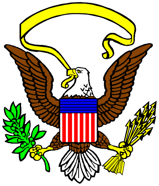 The emblem features a bald eagle with an olive branch on its beak holding arrows crossed behind it; above is a shield divided into four sections: two red stripes flanking white stars in blue, and below them, three gold fasces wrapped around bundles of wheat tied together.