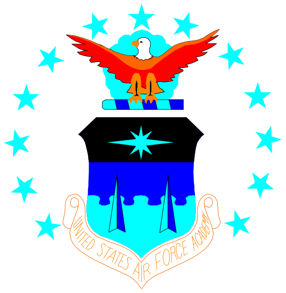 The image shows a graphic of an emblem with text that reads "UNITED STATES AIR FORCE" at its center above two crossed swords; to the left is a bird in flight holding arrows, and below it there's a shield bearing stars on either side.