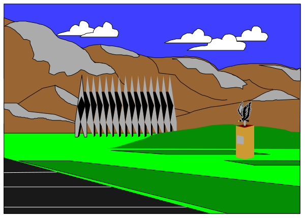 The image shows a cartoon of an animated scene with two windows side by side: on the left is a window depicting mountains in the background; inside this frame stands a character who appears to be looking out at them, and there's another smaller figure standing next to him or her that seems like it could represent wind. On the right window shows an animated road with multiple cars driving down it under clear skies. The style is reminiscent of early 20th-century animation techniques. There are no texts present in this image, and all elements within each frame seem un
