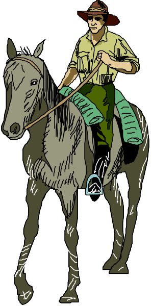 The illustration depicts a man riding on horseback while holding reins to control his steed.