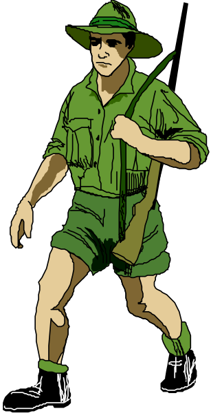 The black and white illustration shows a man dressed as an Australian soldier from World War II carrying a rifle while walking forward with his left leg raised in front of him to take another step.