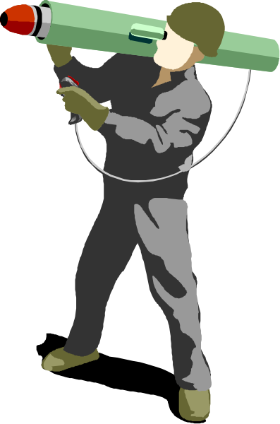 The illustration shows a soldier holding an object that resembles a missile with wires attached to it while standing in front of what appears to be a black background.