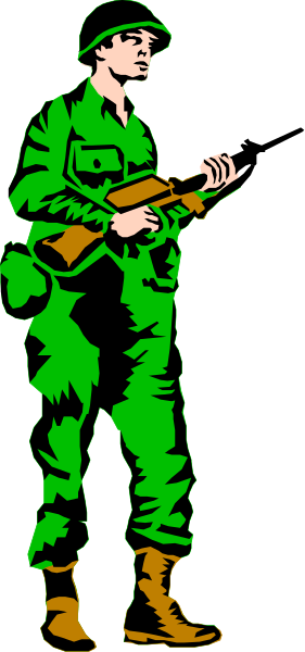 The image shows a soldier holding an assault rifle with his left hand while standing on alert posture against a dark background.