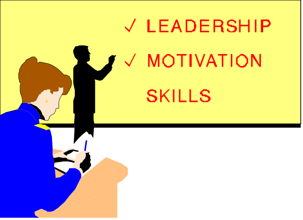 The image shows a cartoon of two figures: an adult standing at a podium with their back to us holding papers in both hands; behind them is another figure seated on what appears to be a chair looking up towards the speaker, also engaged in writing something down or reading from notes. Above this scene are three words written as if they were sticky-notes stuck onto an unseen surface: "LEADERSHIP," "MOTIVATION SKILLS" and "STUDY." The setting is indoors with a simple background that does not distract attention away from the figures