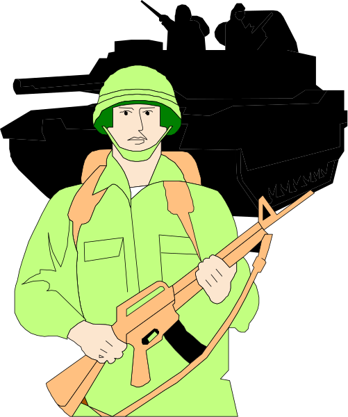 The image shows a soldier holding an assault rifle while standing on duty with military gear around him.