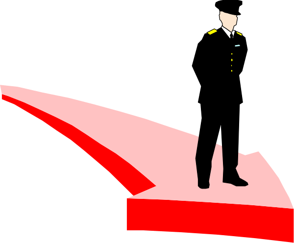 The image shows a black and white illustration of an officer standing on what appears to be a red carpet at night with no visible background details beyond the silhouette of trees in front of him.