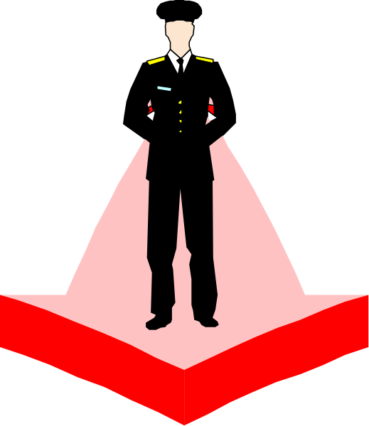 The image shows a black silhouette of an adult male figure standing on what appears to be a red carpet with white spotlights shining downward from above him onto his feet.