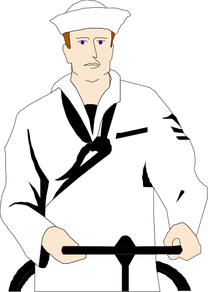 The black and white illustration shows a sailor riding on top of an object that resembles a bicycle with wheels in each corner; he is wearing his uniform which includes a hat adorned with what appears to be anchor insignia, a tie, and possibly other decorations or badges.