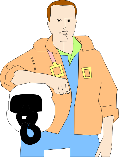 The image shows a man wearing an orange jacket with patches on it standing next to what appears to be a spaceship model in front of him; he is leaning against something that looks like a wall but could also represent another object, and there's no text or other people present.