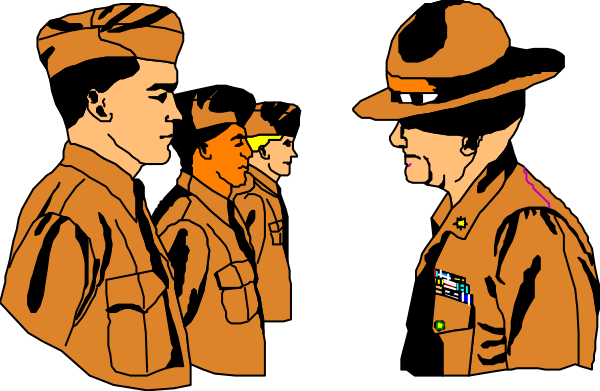 The image shows a black and white illustration of three men standing side by side with military uniforms on; two soldiers in fatigues flanking an older man who is wearing civilian clothes but has medals pinned to his chest, suggesting he may be retired or distinguished from the others. They are all looking towards each other as if engaged in a conversation or confrontation. The background appears dark and indistinct with no specific details that can be discerned confidently.