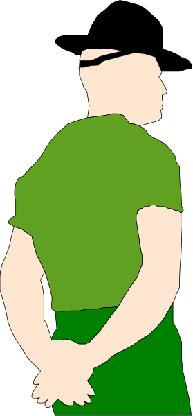 The image shows a person standing against a black background with their back to us; we can only see them from behind as if looking through an opening in something green that obscures part of their body on one side, and there is no visible action taking place within this small clip-art style illustration.