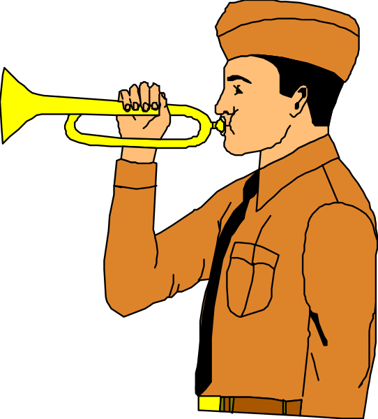 The illustration depicts a man playing an instrument that resembles a trumpet while wearing military attire with patches on his shoulders; he is standing in front of what appears to be a dark background.
