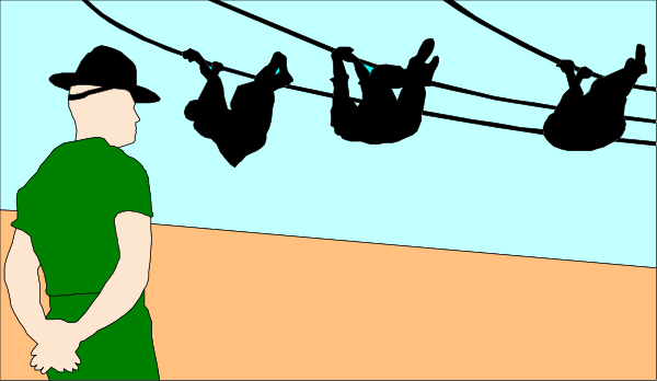The image shows a person standing next to an animated scene of three cartoon characters on roller coaster tracks with their hands in the air as if riding a ride at an amusement park.