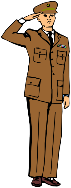The image shows a cartoon of an army officer saluting with his right hand raised to chest level while standing at attention in military attire; he is wearing boots, shorts, shirt, tie, cap, and has medals on left side of uniform.