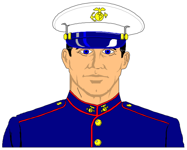The image shows a side by side comparison of two different uniforms: on the left is an illustration of a U.S Marine in dress blues with gold epaulettes; on the right is another figure, also dressed as a marine but wearing a red jacket and blue pants instead of traditional service attire.