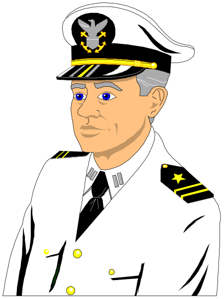 The image shows a cartoon of an older man dressed as a naval officer with medals on his uniform, standing against a black background.