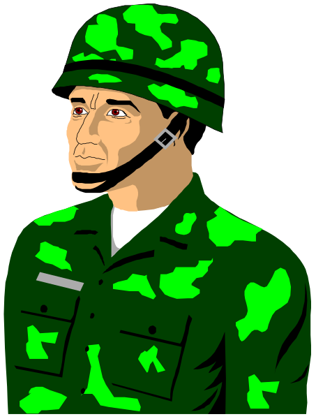 The image shows a cartoon of an American soldier wearing camouflage fatigues standing next to his uniform with patches on it against a black background.