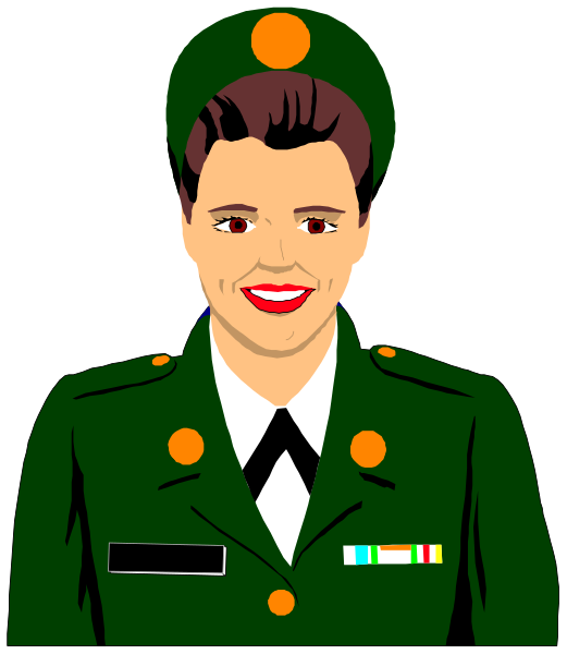 The image shows a cartoon of an army officer wearing military attire with badges on her shoulders; she has red lipstick applied to her lips and is smiling at the viewer.