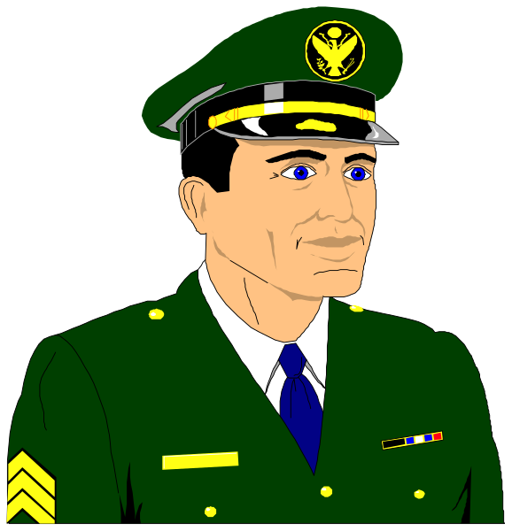 The image shows a side by side comparison of two different illustrations featuring an officer's uniform with gold stripes on each sleeve; one is in color while the other appears to be grayscale.