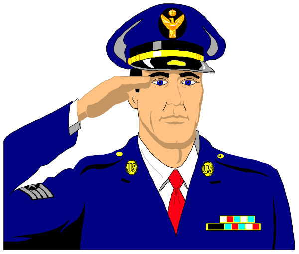 The image shows a cartoon of an American military officer saluting with his right hand raised to chest level while standing in front of what appears to be a flag background featuring stars and stripes.