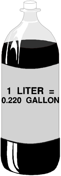The image shows a bottle of liquid with text indicating it's 1 liter (0.25 gallons) at room temperature containing 98% water and 2% alcohol by volume against a dark background, which is typical for product photography to emphasize details on labels or packaging. There are no other objects, people, animals, actions, or setting visible in this image as it focuses solely on the bottle of liquid with its label information displayed prominently at the top and bottom front sections.