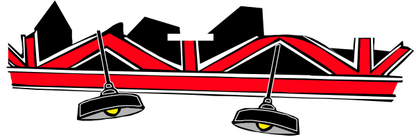 The image shows a red crane with two yellow lights on top of it against an indistinct background that appears to be dark grey in color.