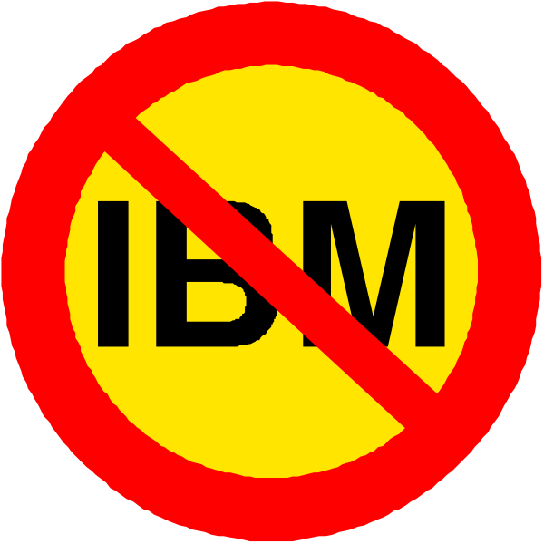 The image shows a red circle with two crossed lines through it on top of an icon that resembles IBM's logo in black text against white background.