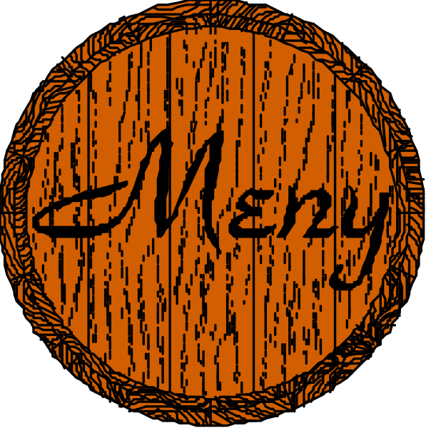 The image shows a wooden sign with an orange background that reads "MENY" on it.