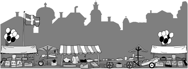 The black and white illustration shows a carnival scene with various attractions such as tents, games like ring tossing, balloon popping booths, food stands selling hot dogs and cotton candy, ferris wheels in background, people enjoying themselves at different stalls, trees providing shade to the area.