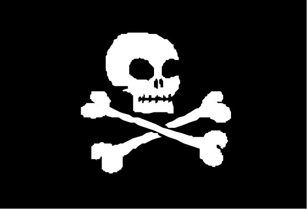 The image shows a black skull with crossed bones on it against a white background.