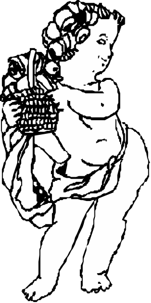 The black and white illustration shows a cartoon of an infant holding what appears to be a flower with petals spread out in its hand while standing on one leg against a dark background.