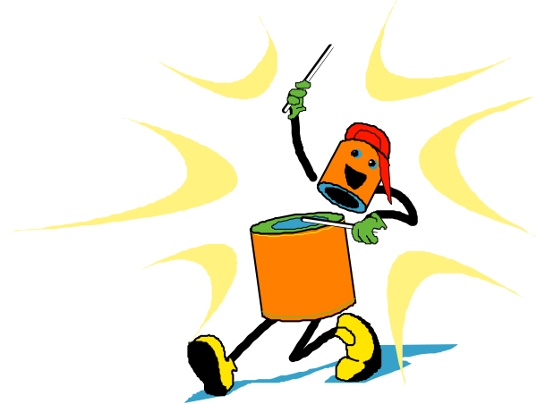 The cartoon shows a character with an orange bucket on its head performing tricks while surrounded by sound effects like "boom" and "clap."