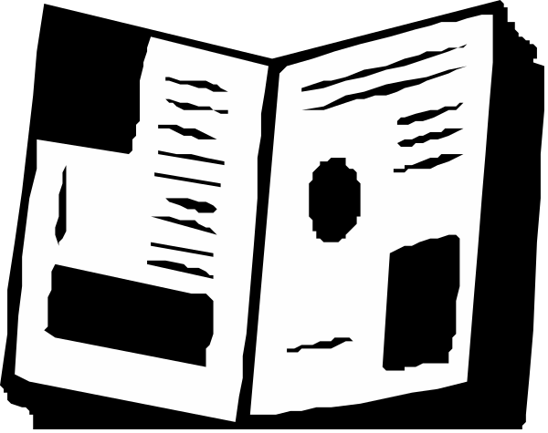 The image shows a black and white illustration of an open book with pages visible inside it, placed on what appears to be a surface that could represent another object like a table or desk due to its flatness; there is no text present in this clip-art style representation.