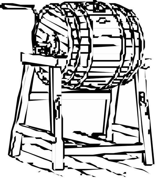 The black and white illustration shows a large wooden barrel with metal bands on top of it placed atop an old-fashioned hand crank machine that is sitting next to what appears to be a small table, possibly for tasting purposes in a brewery setting.