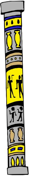 The image shows a vertical strip with various horizontal stripes of different lengths containing what appears to be abstract patterns resembling human figures in blue against yellow backgrounds on each side; there is no text present within this small clip-art image, and it does not depict any real objects or actions.