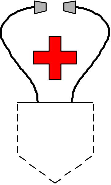 The image shows a pixelated representation of an emergency cross with red background on left side against gray backdrop.