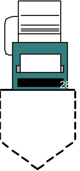 The image shows a pixelated representation of an office environment with various items such as papers on desks, chairs, computers, bookshelves filled with binders, and other typical office furniture like filing cabinets in the background.