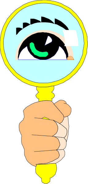 The image shows a magnifying glass with an eye peeking through it from behind; there is no text present on this clip-art illustration.