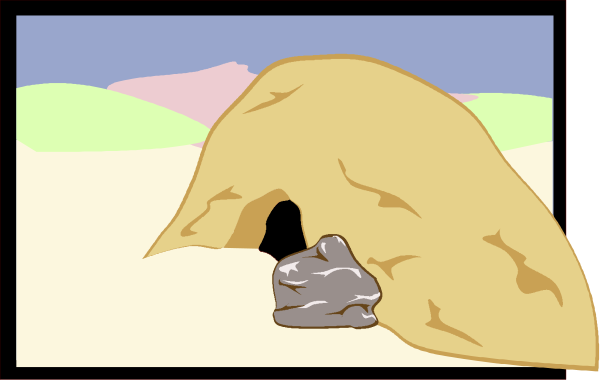 The image shows a person sitting under an umbrella on sandy ground with mountains visible behind them; it is stylized in clip-art form.
