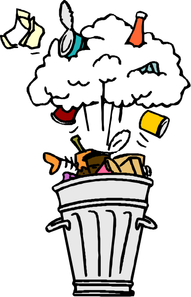 The picture shows a trash can filled with various items such as bottles, cans, paper cups, and other miscellaneous garbage.