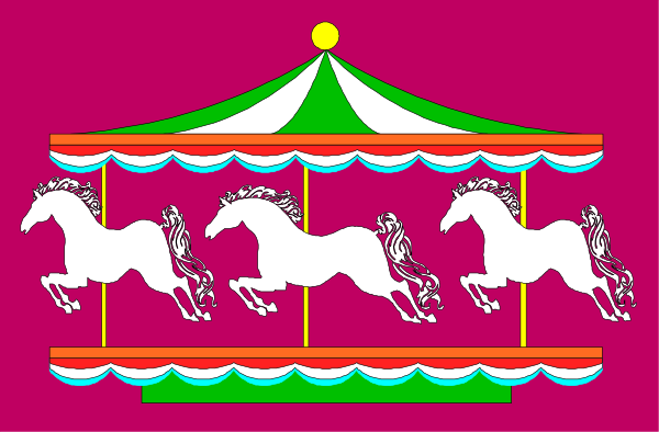 The image shows a carousel with four horses on it against a pink background.
