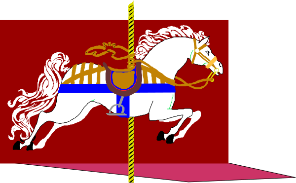 The image shows a cartoon of an animated horse with rider on top riding through what appears to be a circus ring under a red curtain background.